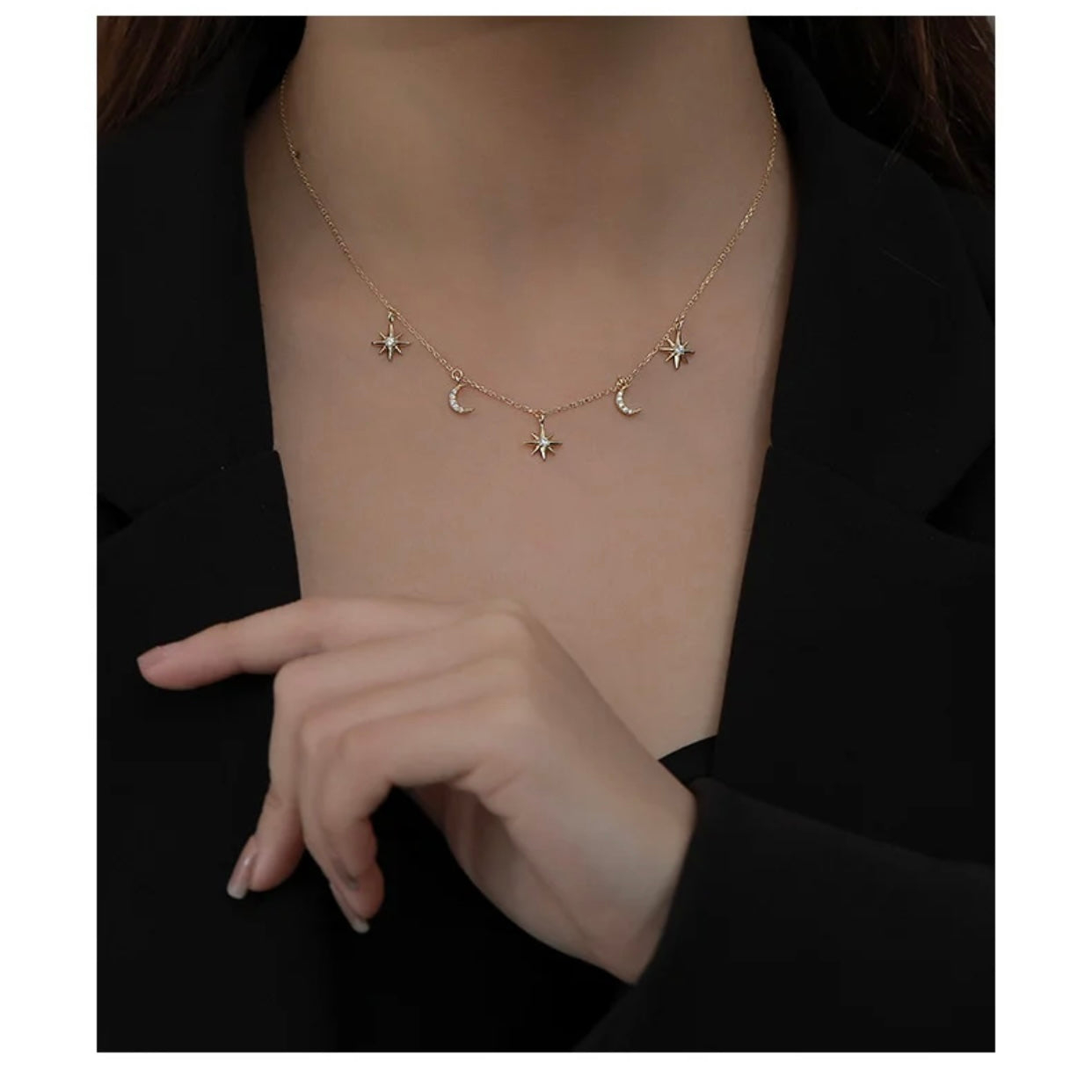 KATERINA STERLING SILVER MOON AND STARS LARIAT NECKLACE