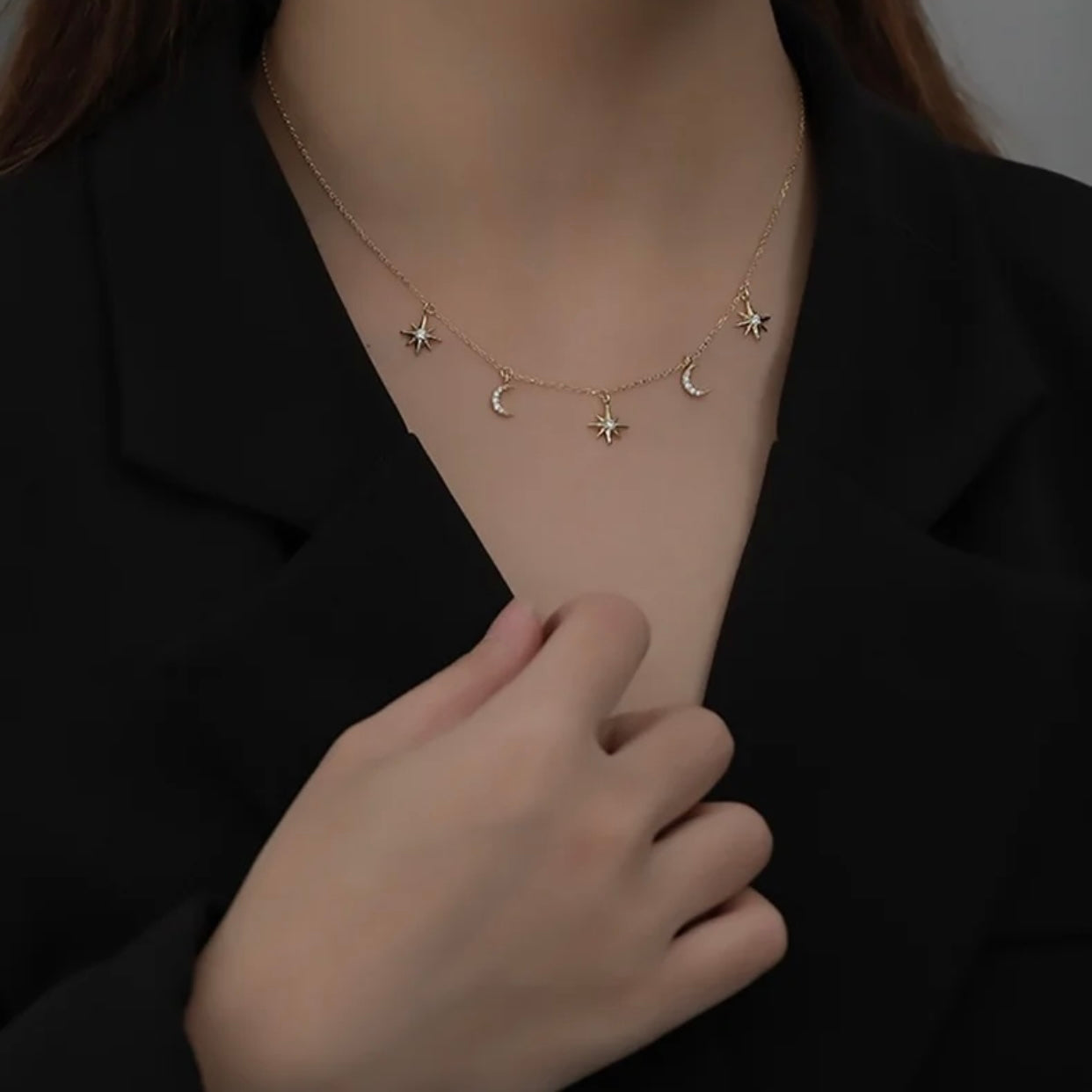 KATERINA STERLING SILVER MOON AND STARS LARIAT NECKLACE