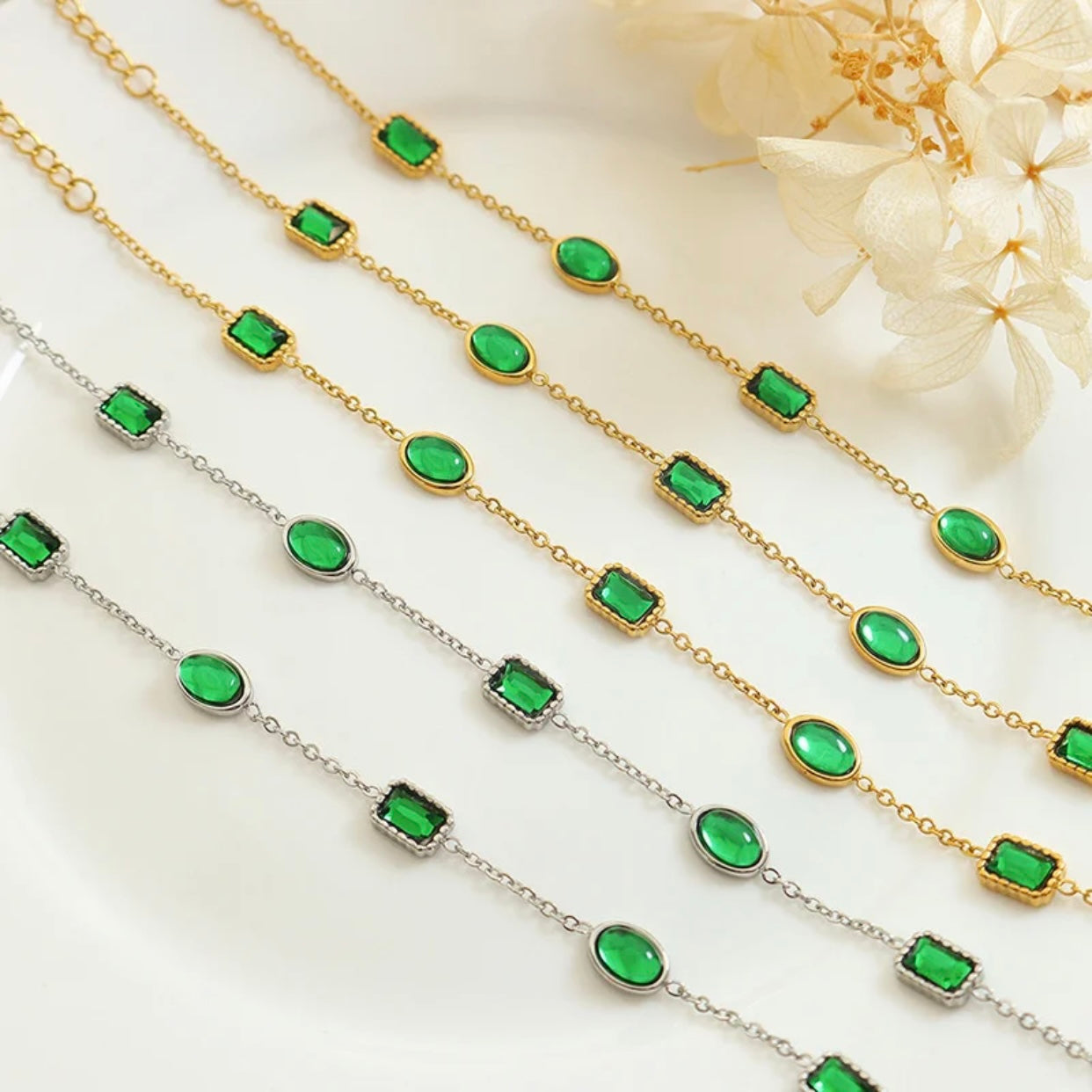 TRINITY STERLING SILVER EMERALD LINK BRACELET