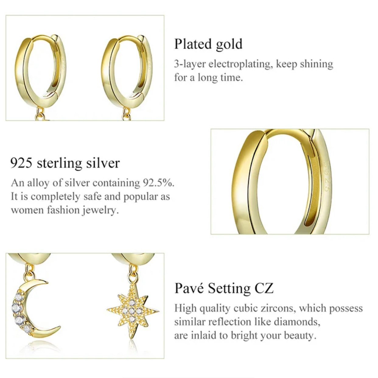 ADRINA STERLING SILVER MOON AND STARS PAVE EARRINGS