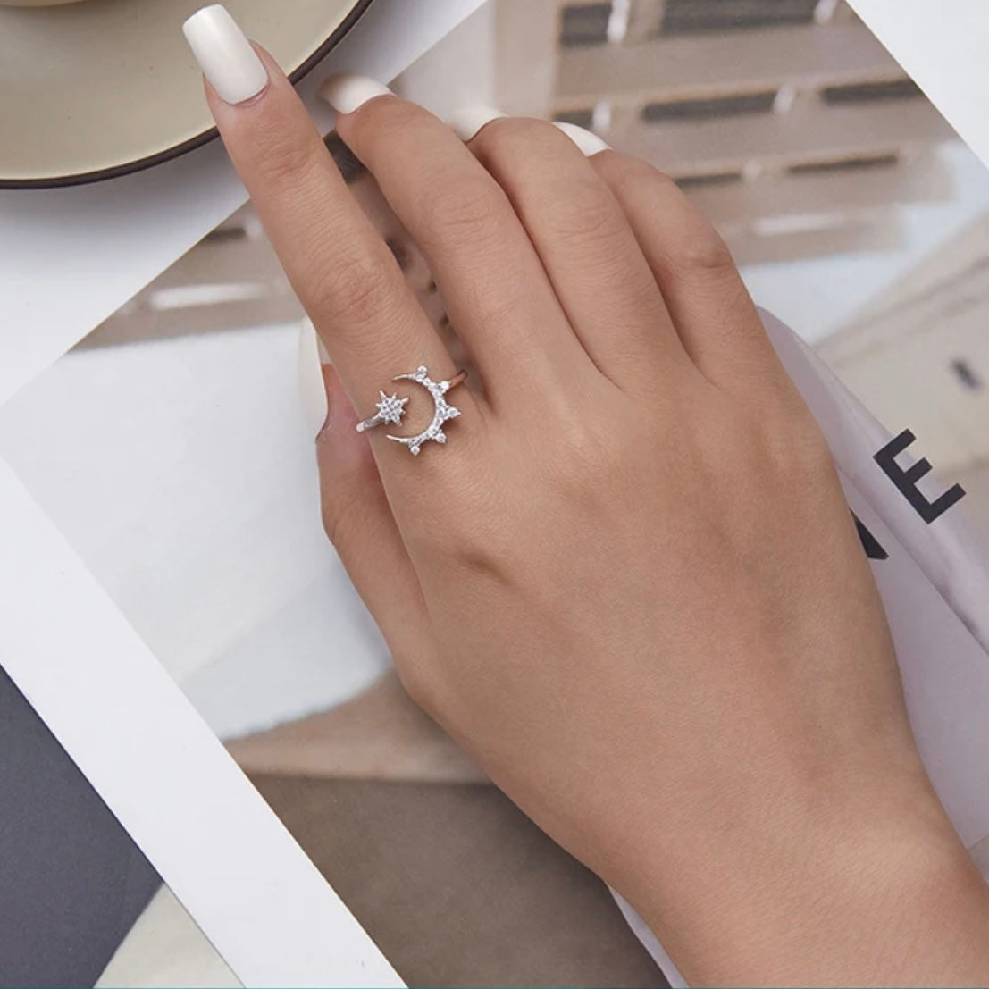 AGOSTINA STERLING SILVER MOON AND STARS RING