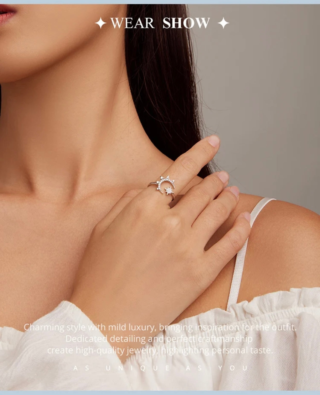 AGOSTINA STERLING SILVER MOON AND STARS RING