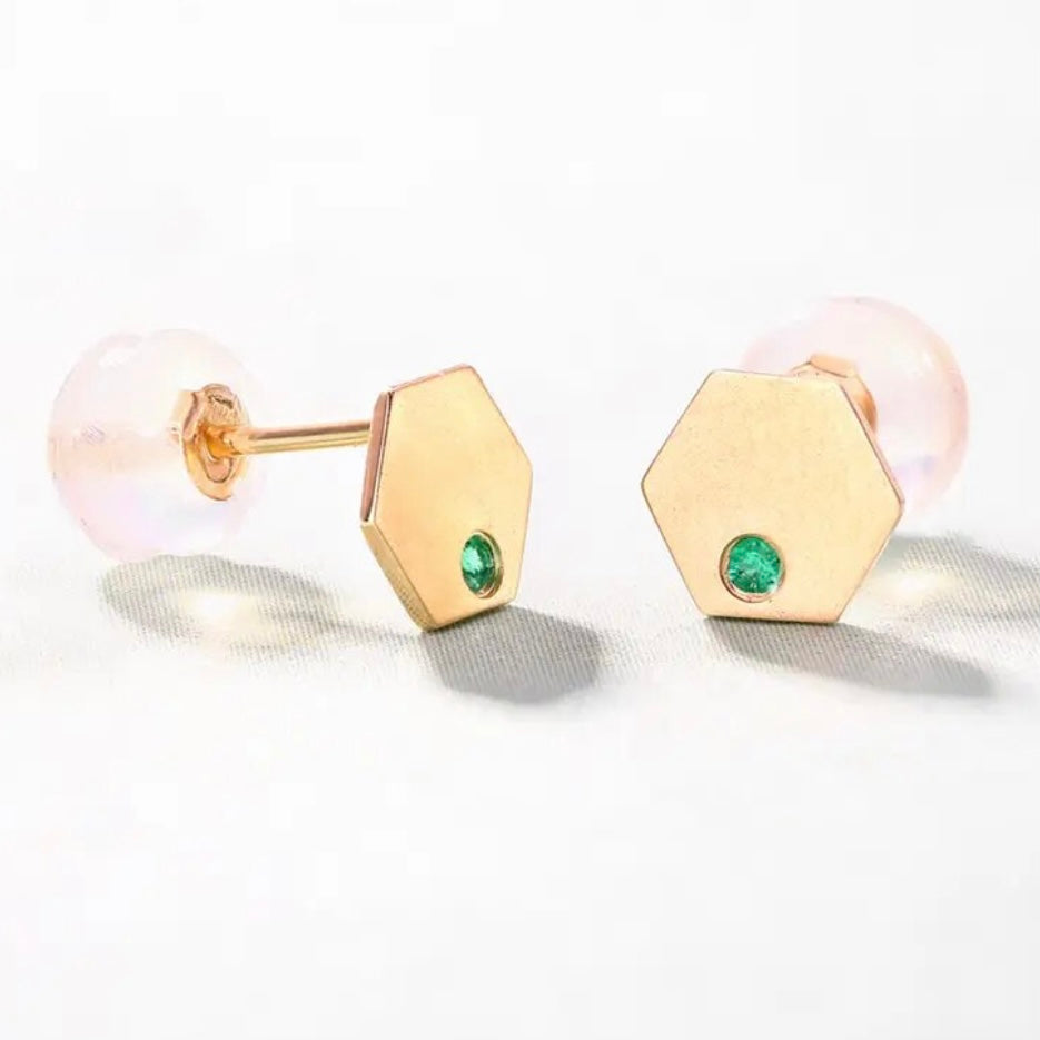 SAMANTHA GOLD HEXAGON EMERALD EARRINGS