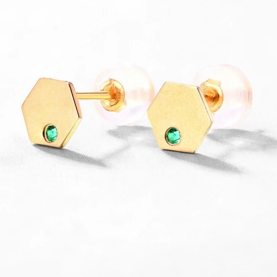 SAMANTHA GOLD HEXAGON EMERALD EARRINGS