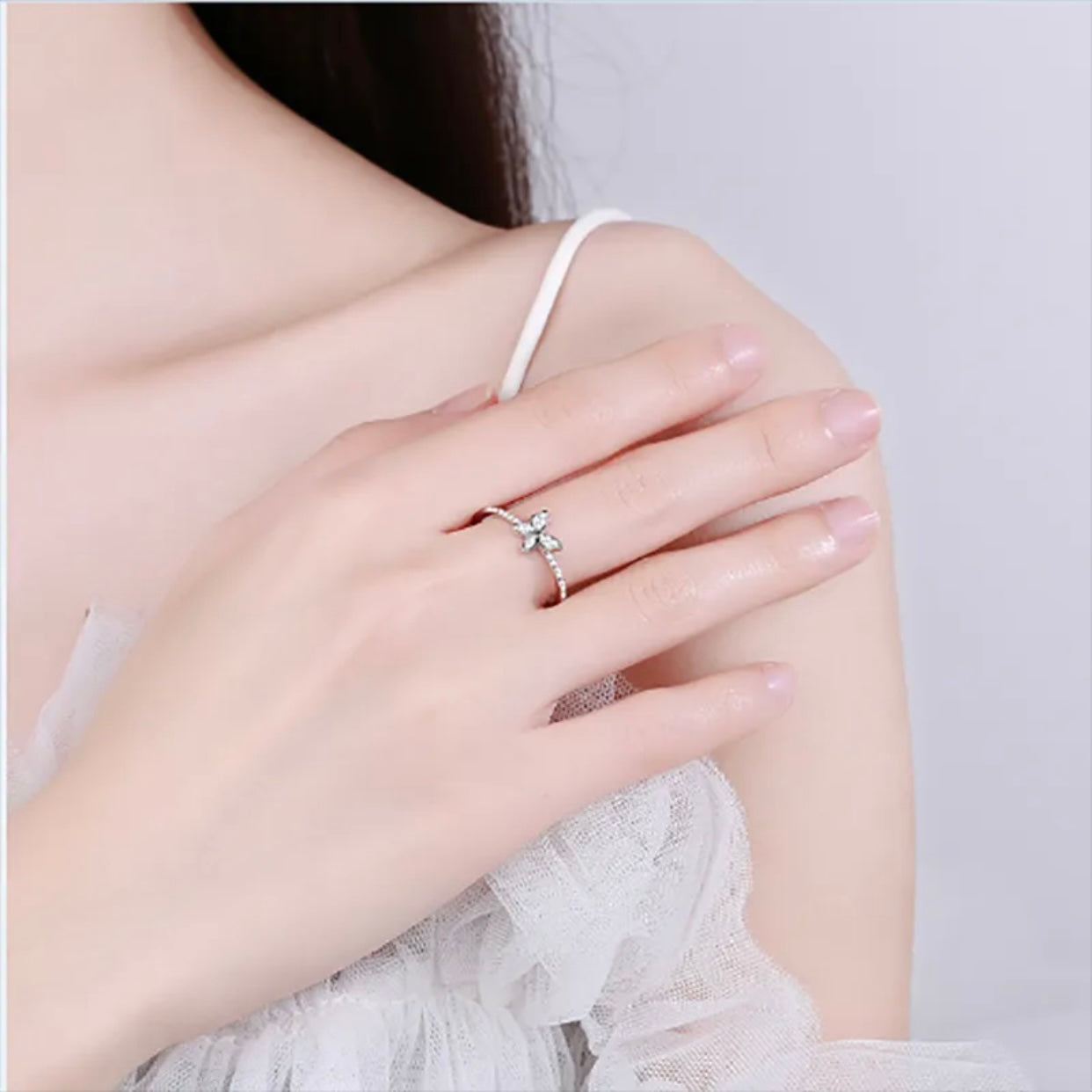 MELONEE DAINTY STERLING SILVER PAVE BUTTERFLY RING