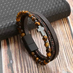 LUKE LEATHER NATURAL STONE CROSS BRACELET