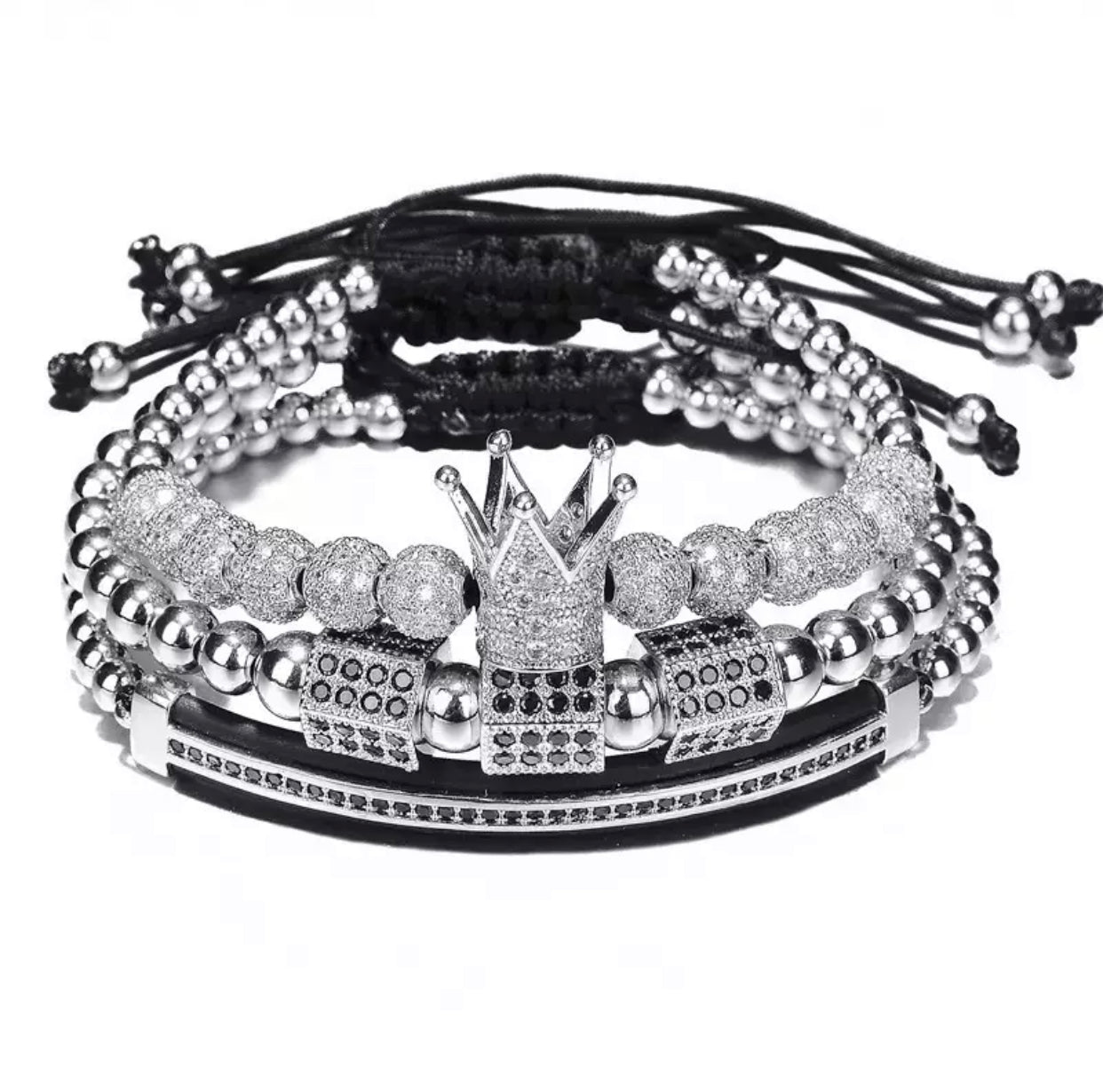 MATTEO 3 PIECE BLING BEAD CROWN MENS BRACELET