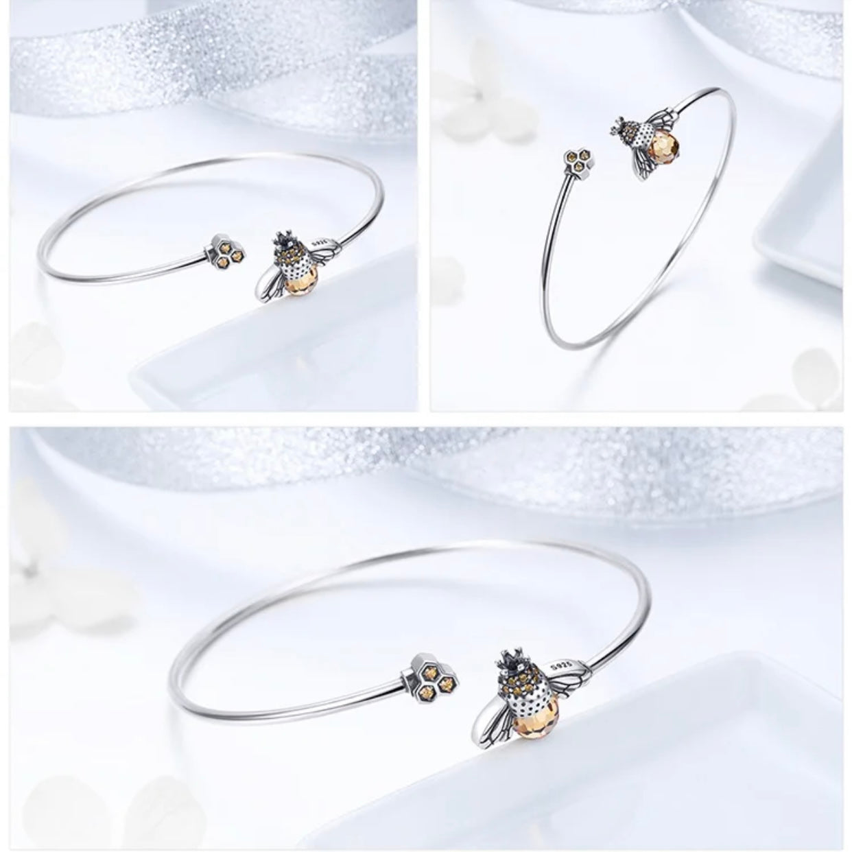 RAQUEL STERLING SILVER BEE BANGLE BRACELET