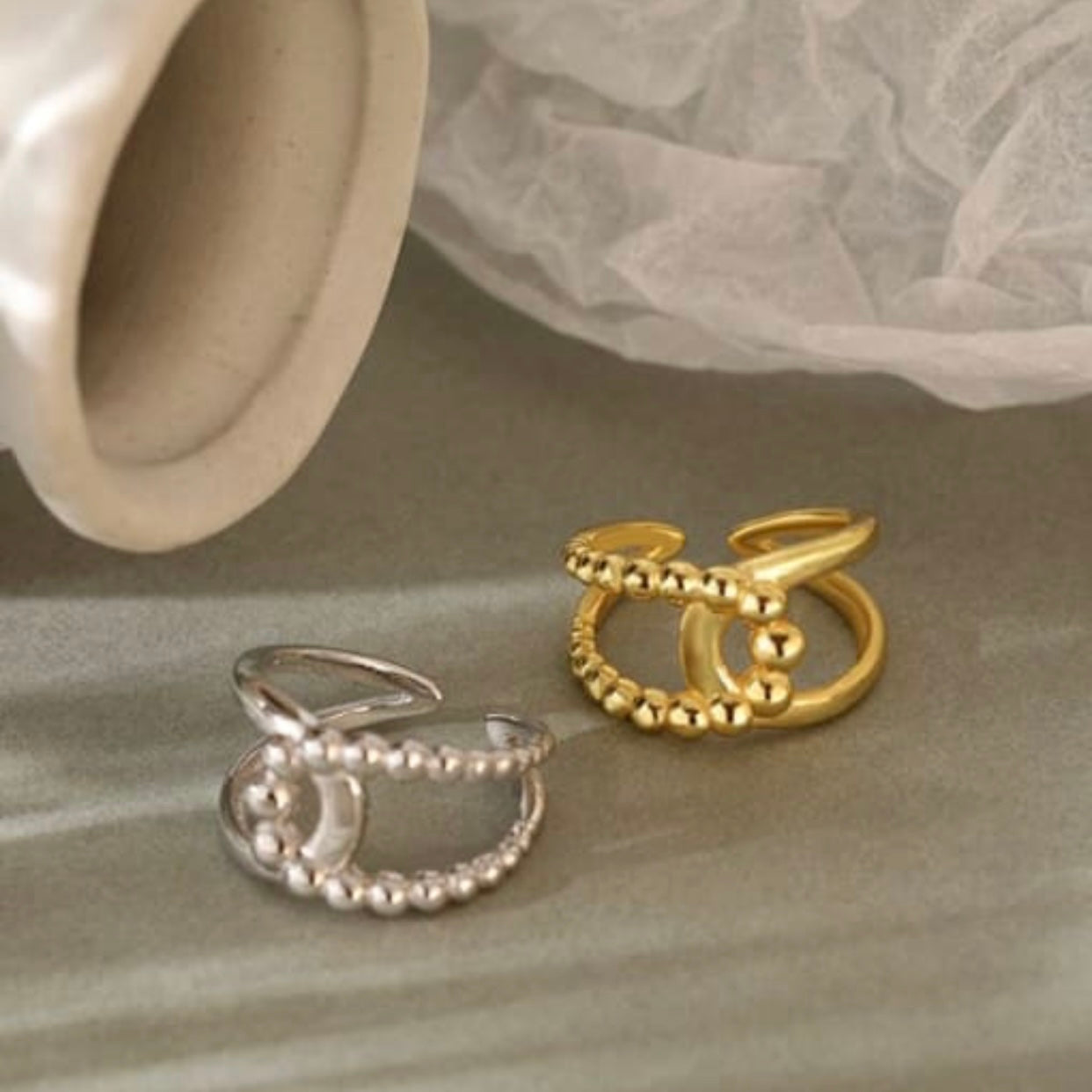 OLYMPIA STERLING SILVER KNOT WITH BEADED TEXTURE RING