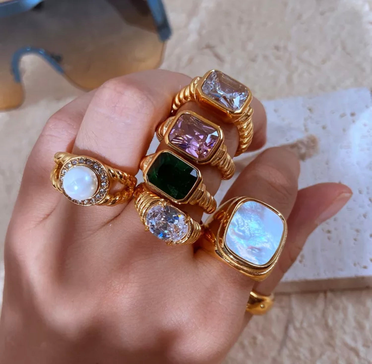 LARISA SQUARE COLORED CZ STONE WITH TWIST ACCENT RING
