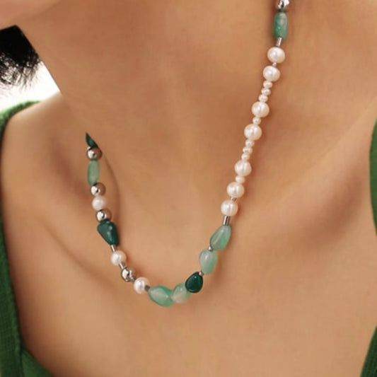 RENATA STERLING SILVER FRESHWATER PEARLS EMERALD GREEN BEADED NECKLACE