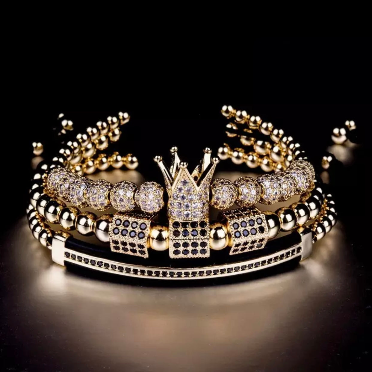 MATTEO 3 PIECE BLING BEAD CROWN MENS BRACELET